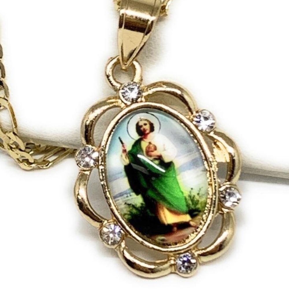 Gold and Green Religious Saint Jude Pendant Necklace